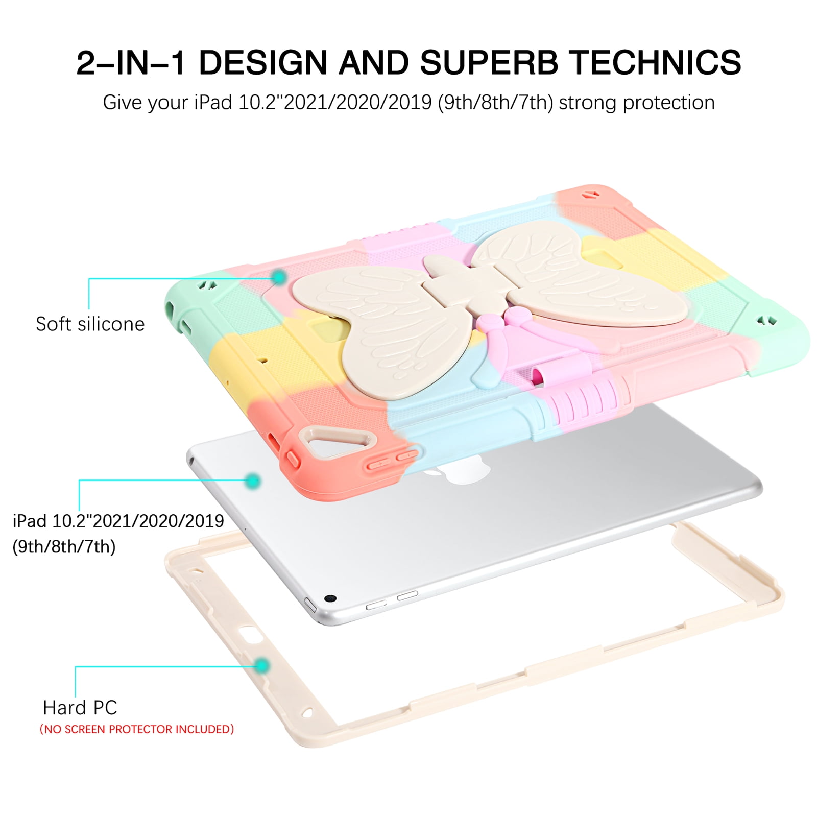 BENTOBEN Case for iPad 9th/8th/7th Gen with Butterfly Kickstand and Pencil Holder, 10.2" Pc Tpu Heavy Duty Hard Rugged Protective Cover for iPad 10.2 inch for Girls Women Kids