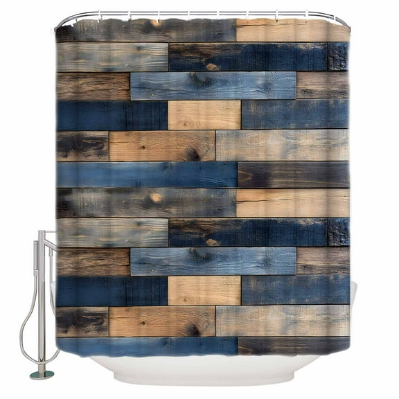 Navy Blue Brown Wood Shower Curtains for Bathroom Waterproof Fabric Bath Curtains Decor Bath Tub Curtain Farmhouse Vintage Wooden Decorative Shower Curtain Sets with 12 Hooks, 72x72 Inch