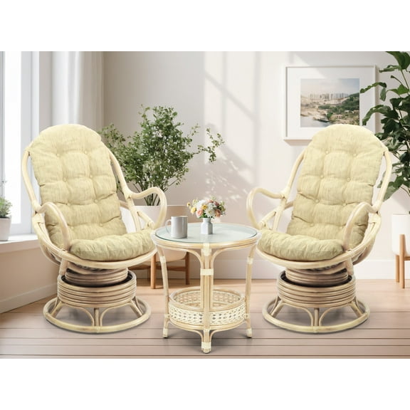 Wickerix Set of 2 Swivel Rocking Java Chair Natural Rattan Wicker Handmade w/Cream Cushion and Round Coffee Table, White Wash