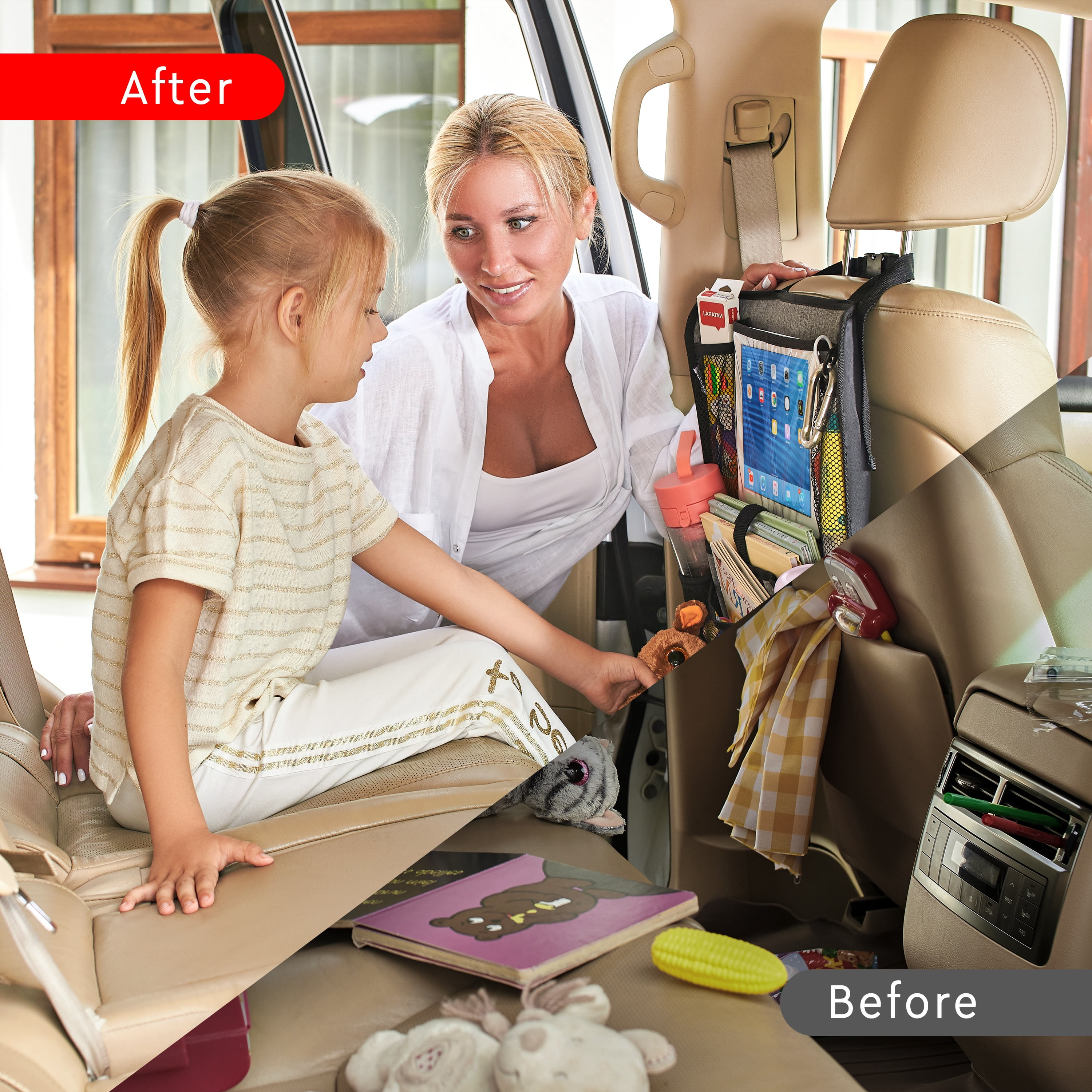 Helteko Backseat Car Organizer with 9 Storage Pockets, Polyester, 25 in x 19 in, 2 pack, Gray