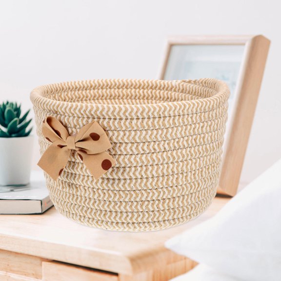 ETEREAUTY Small Khaki Woven Storage Basket with Decorative Bow for Nordic Style Home Organization and Storage Solutions