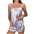 thumbnail image 2 of Aueoeo Silk Satin Pajamas For Women Set Sleepwear Cami Tops Shorts Pant Floral Printed 2 Piece Pjs Purple L, 2 of 3