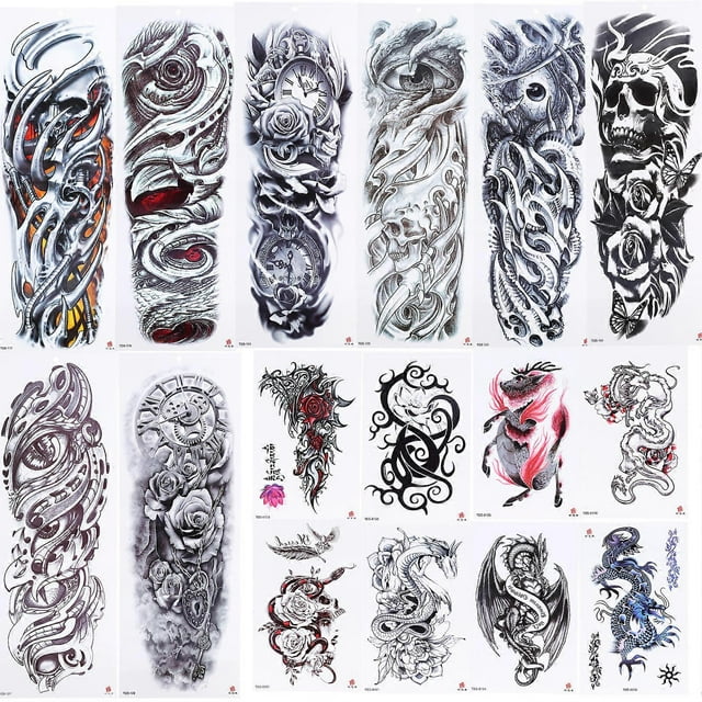 Lot de 16 faux tatouages temporaires imperméables pour bras et jambes