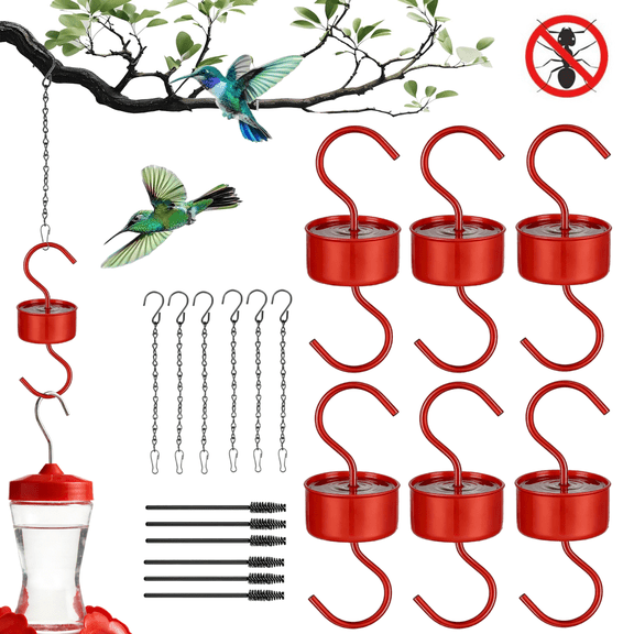 6-Pack Ant Moat for Hummingbird Feeders, Red Ant Guard, Hummingbird Feeder Parts, Rustproof S Hooks with Cleaning Brushes and Hanging Chain for Hanging Bird Feeder