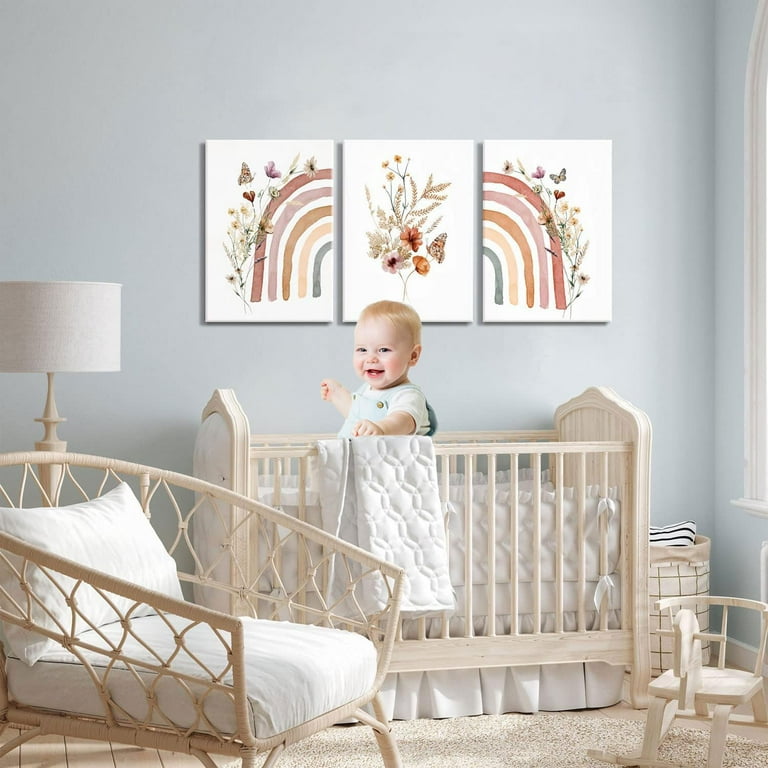 3Pcs Framed Boho Rainbow Canvas Wall Art Prints Cute Wildflowers