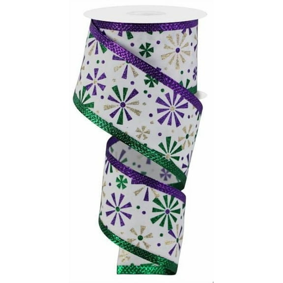 Vintage Pinwheels Mardi Gras Wired Edge Ribbon - 10 Yards (Purple, Green, Gold, White, 2.5")