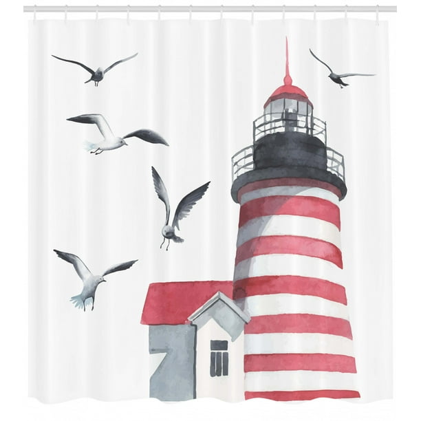 Lighthouse Shower Curtain, Lighthouse and Seagulls on the Beach Navigational Aid Seaside