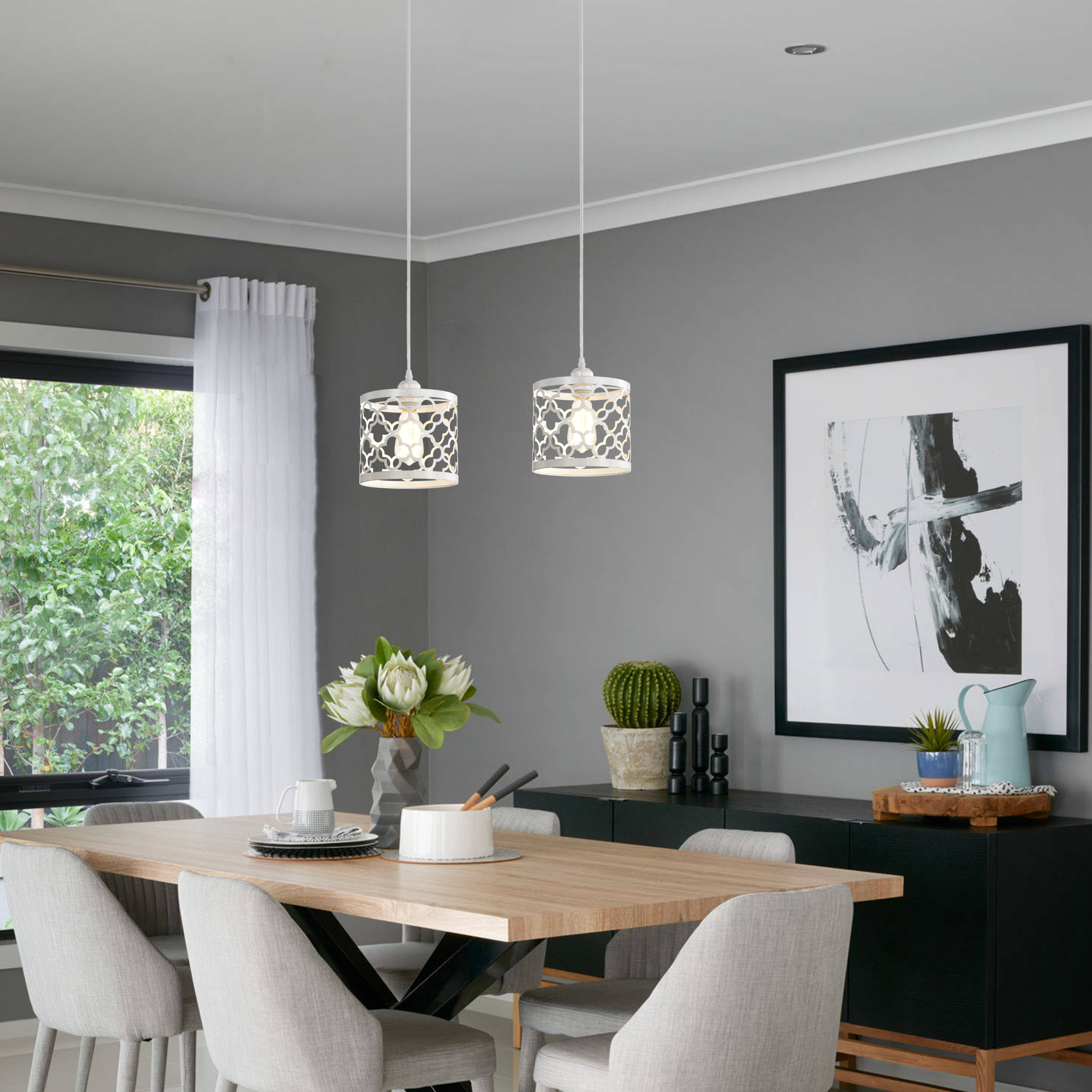 White Plug in Pendant Light with Switch, 19.7FT Hanging Swag Light Fixture with E26 Base, Farmhouse Style Cage Lamp for Bedroom, Kitchen, Living Room