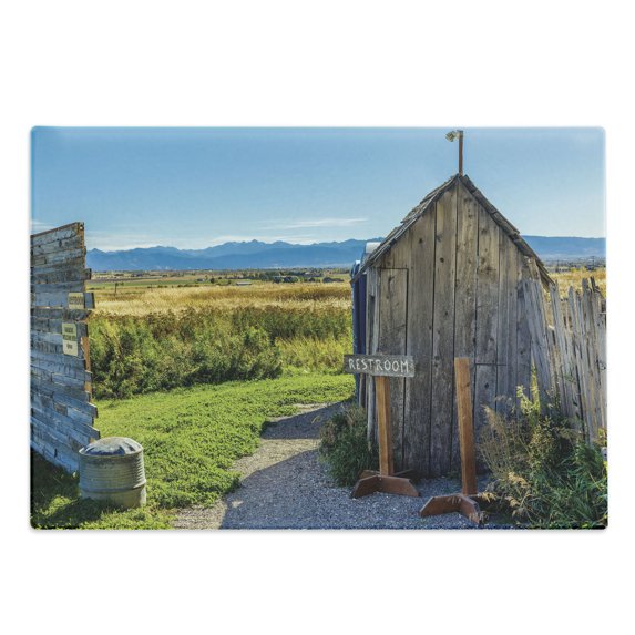 Outhouse Cutting Board, Old Rustic Wooden Cottage Barn Shed in a Farm Village Image, Decorative Tempered Glass Cutting and Serving Board, Large Size, Dark Grey Sky Blue, by Ambesonne