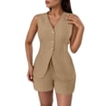 thumbnail image 2 of Short Sets for Women Sleeveless Tie Back V Neck Button Cardigan Vest and Shorts 2 Piece Matching Set Work Sets, 2 of 6