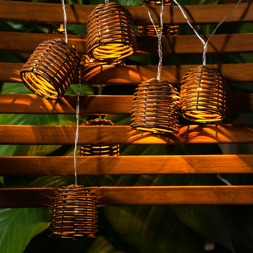 Decorative Lantern Rattan String Lights - 15LEDs/15FT Rattan Wire Ball Style, Battery Operated Indoor Outdoor Waterproof Patio String Light for Home Pergola Porch Party Backyard Camping