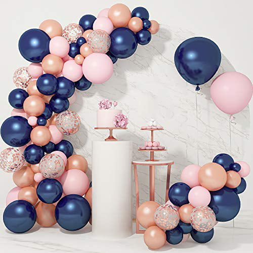 Gender Reveal Party Decorations Navy Blue and Rose Gold Balloon Garland,Boy and Girl Foil Balloons,Foil Fringe Curtains Backdrop
