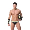 thumbnail image 3 of Conjunto de ropa interior sexy para hombre con costuras de malla de charol negro, bombero azul marino cos, 3 of 5