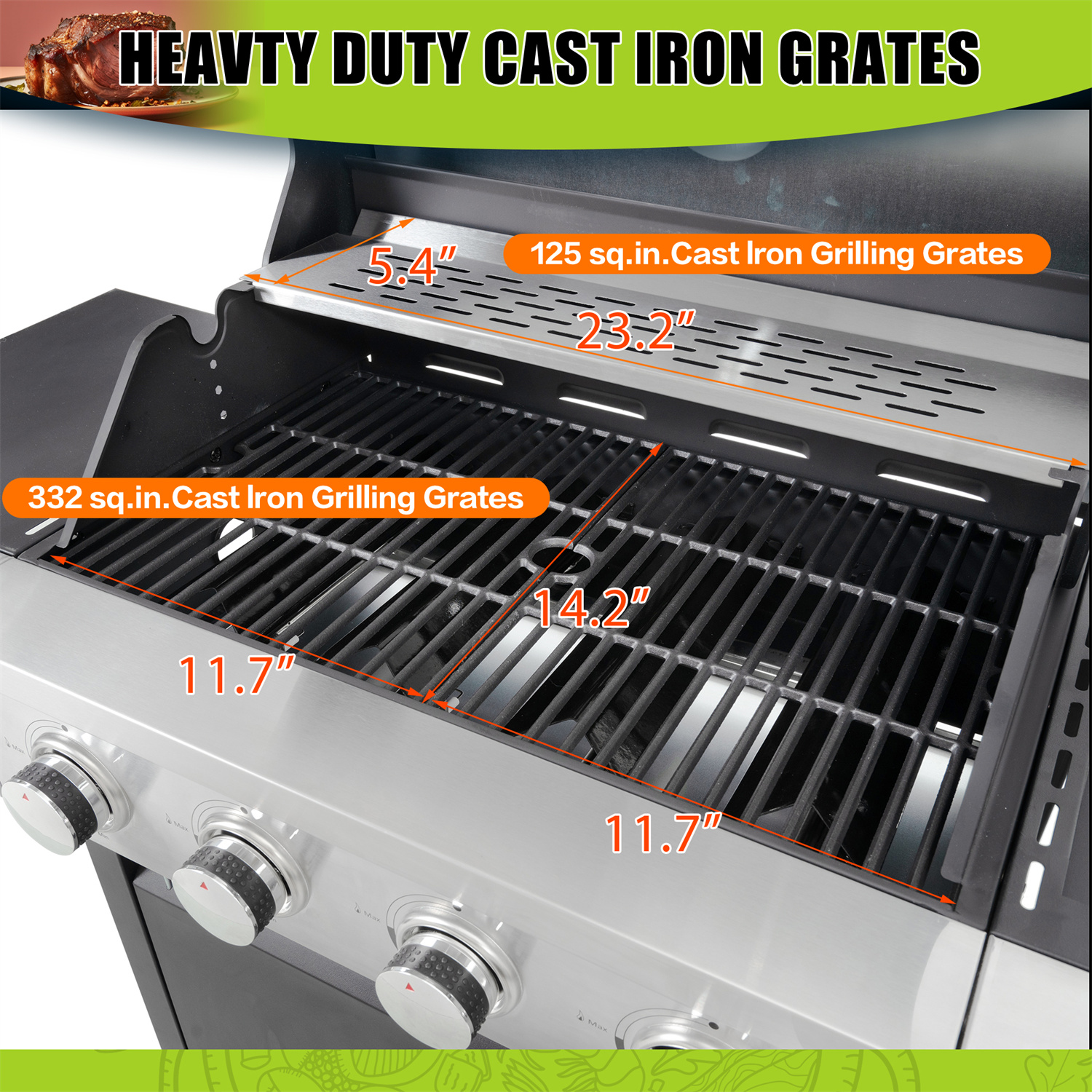 Highsound 4-Burner Propane Gas Grill, Porcelain-Enameled Cast Iron Grates 34,200 BTU Outdoor Cooking Stainless Steel BBQ Grills Cabinet - image 5 of 9
