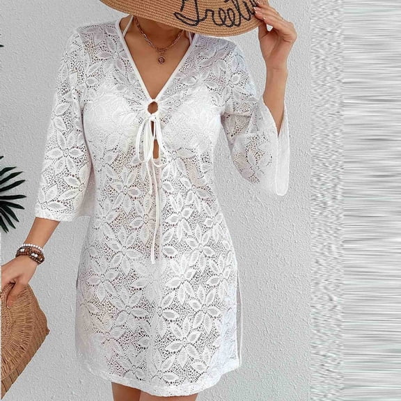 Xucatan Women's Long Sleeve Hollow Out Knitted Cover Up Dress with Deep V Neck, Loose Fit Beach Sun Protection Robe for Pool Vacation Gift