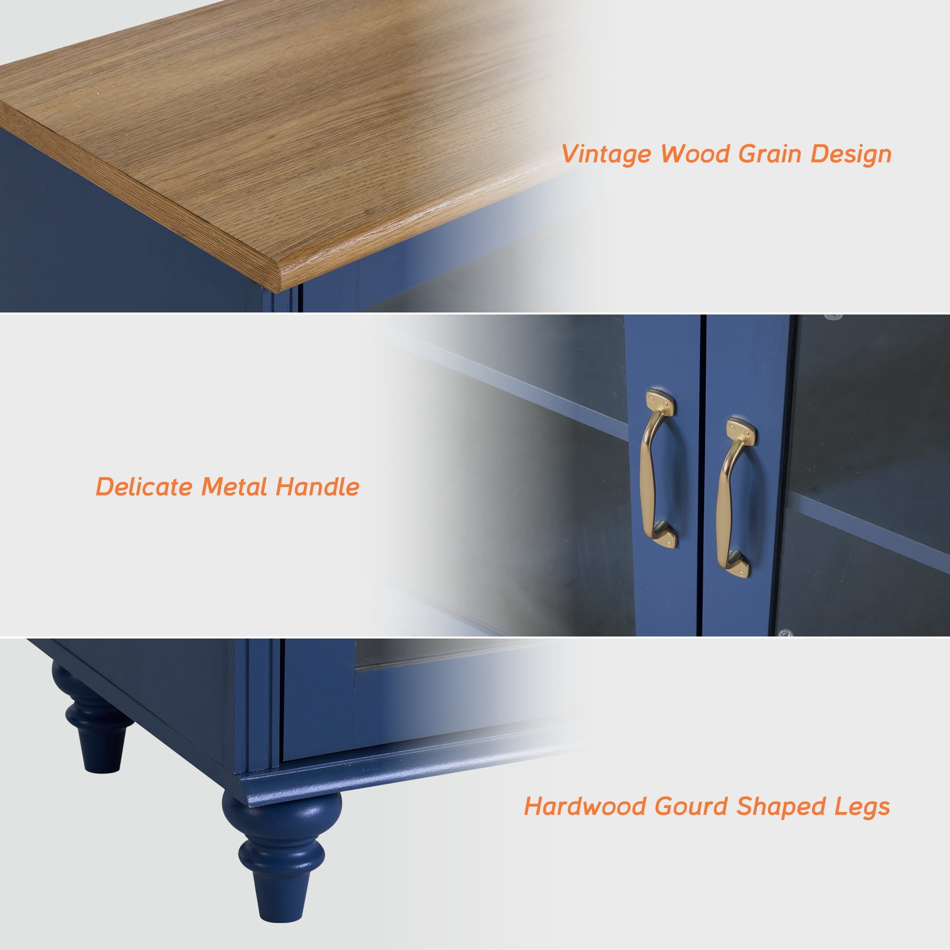 34" Buffet Cabinet with 2 Glass Doors, Kitchen Storage Cabinets, Wood Coffee Bar Table with Adjustable Shelf, Sideboard Credenza for Dining Room, Navy Blue