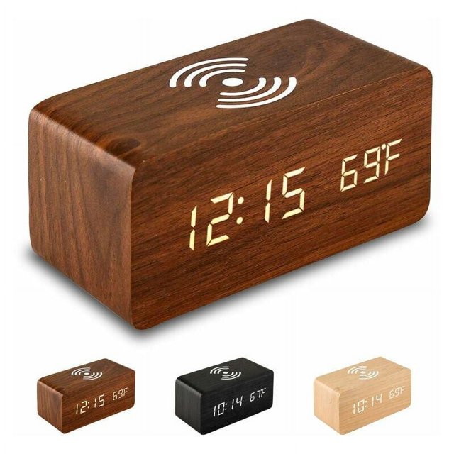 Despertador digital con diseño moderno y elegante, carga inalámbrica rápida y brillo ajustable, ideal para dormitorios (marrón)