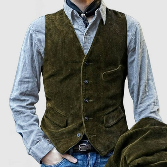 Wancir Mens Corduroy Suit Vest Slim Fit V Neck Button Down Vintage Waistcoat Western Cowboy Sleeveless Jackets Party Wedding