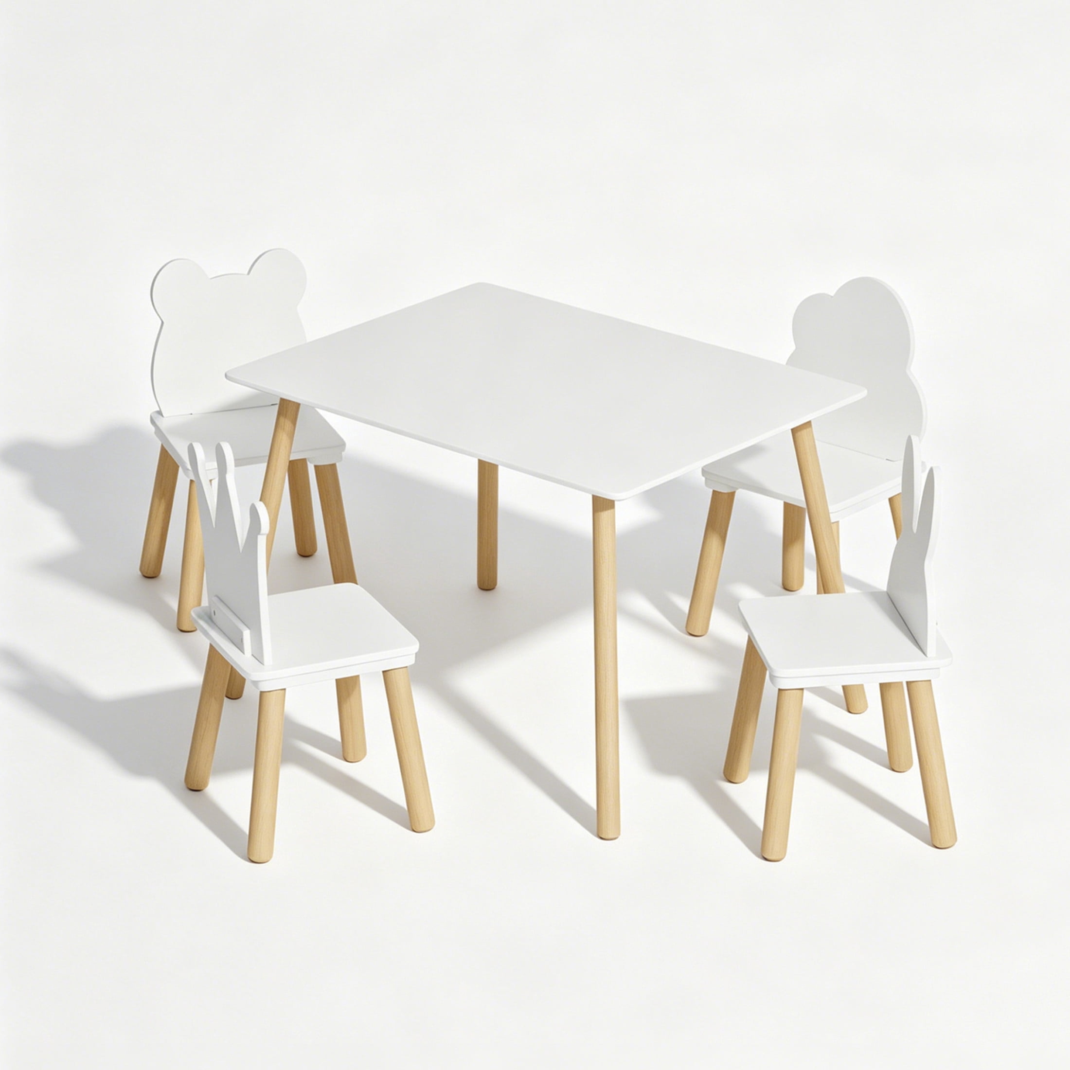 Noble House Kilby 5-Piece Kids Toddler Table & 4 Chairs Set, Square Backrest Wooden Activity Play Set, White & Natural