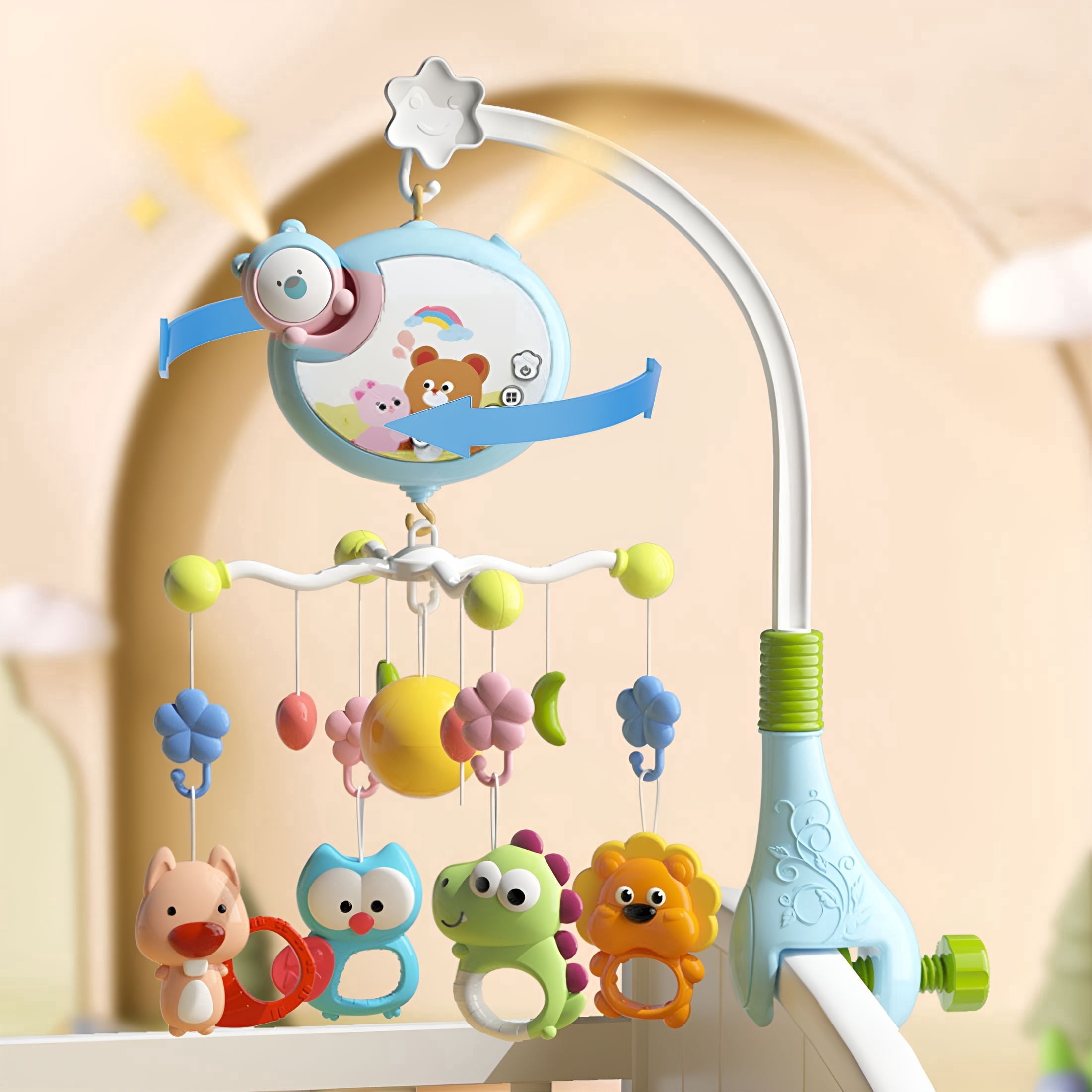 BESTSKY 2026 New Crib Mobile with Music&Lights,Baby Mobiles for Cribs,Nursery Musical Mobile for Bassinets Toys Hanging Girls Boys,Pack&Play Space Portable Animal Mobile Hanger Arm Clip on Attachment