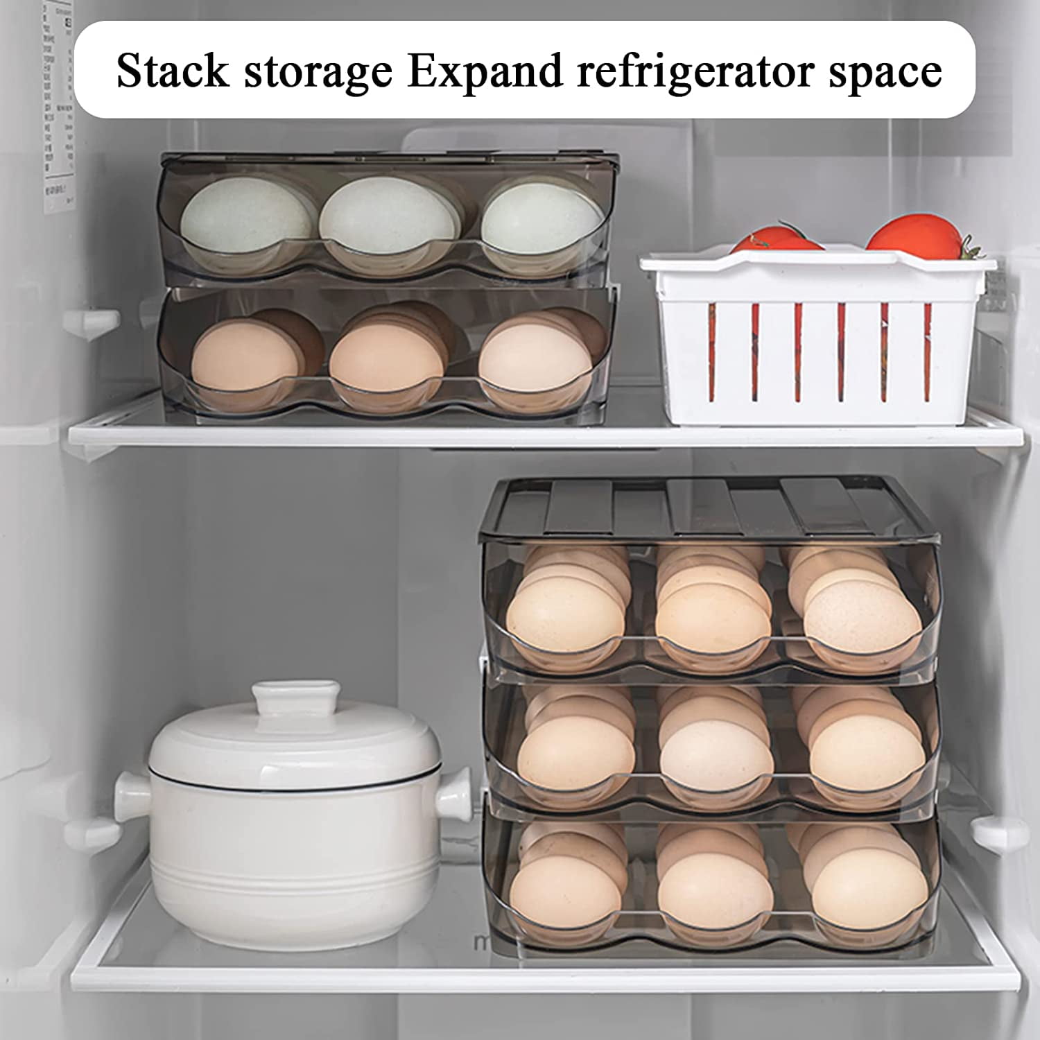  Sekonow Egg Holder for Refrigerator with Handle, Slim Rolling  Stackable Egg Organizer Egg Storage Container, Egg Dispenser Clear Egg Tray  Egg Cartons for Fridge Door and Countertop, 2 Layers 1 Row 