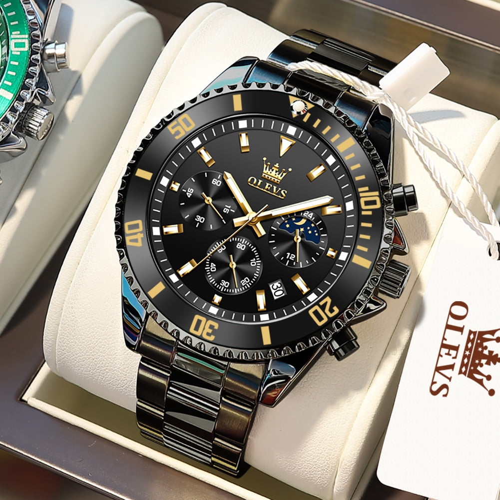 OLEVS Watches for Men Luxury Analog Quartz Chronograph Business Dress Gold Plated Stainless Steel Moon Phase Waterproof Luminous Date Casual Mens Wrist Watches Reloj Para Hombre