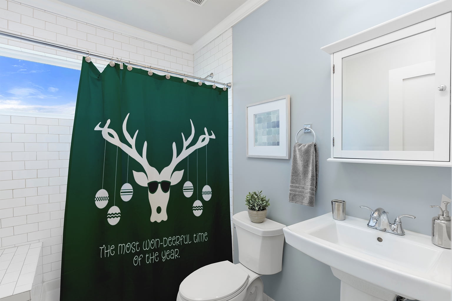 Simply Daisy 70" W x 73" L Cool Christmas Deer Polyester Shower Curtain, Forest Green [1 Ct]
