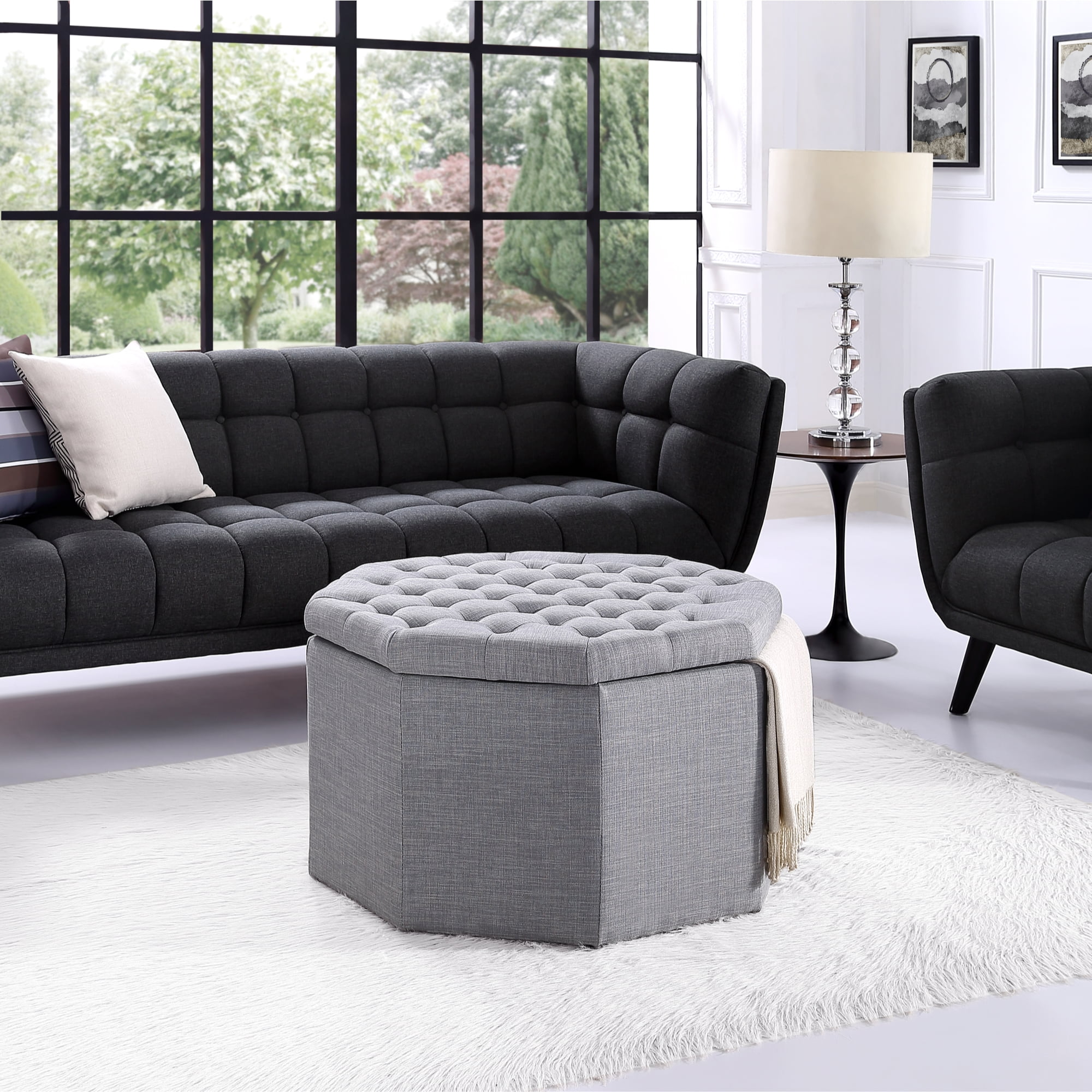 Inspired Home Zora Linen Ottoman Upholstered Tufted Cocktail, Light