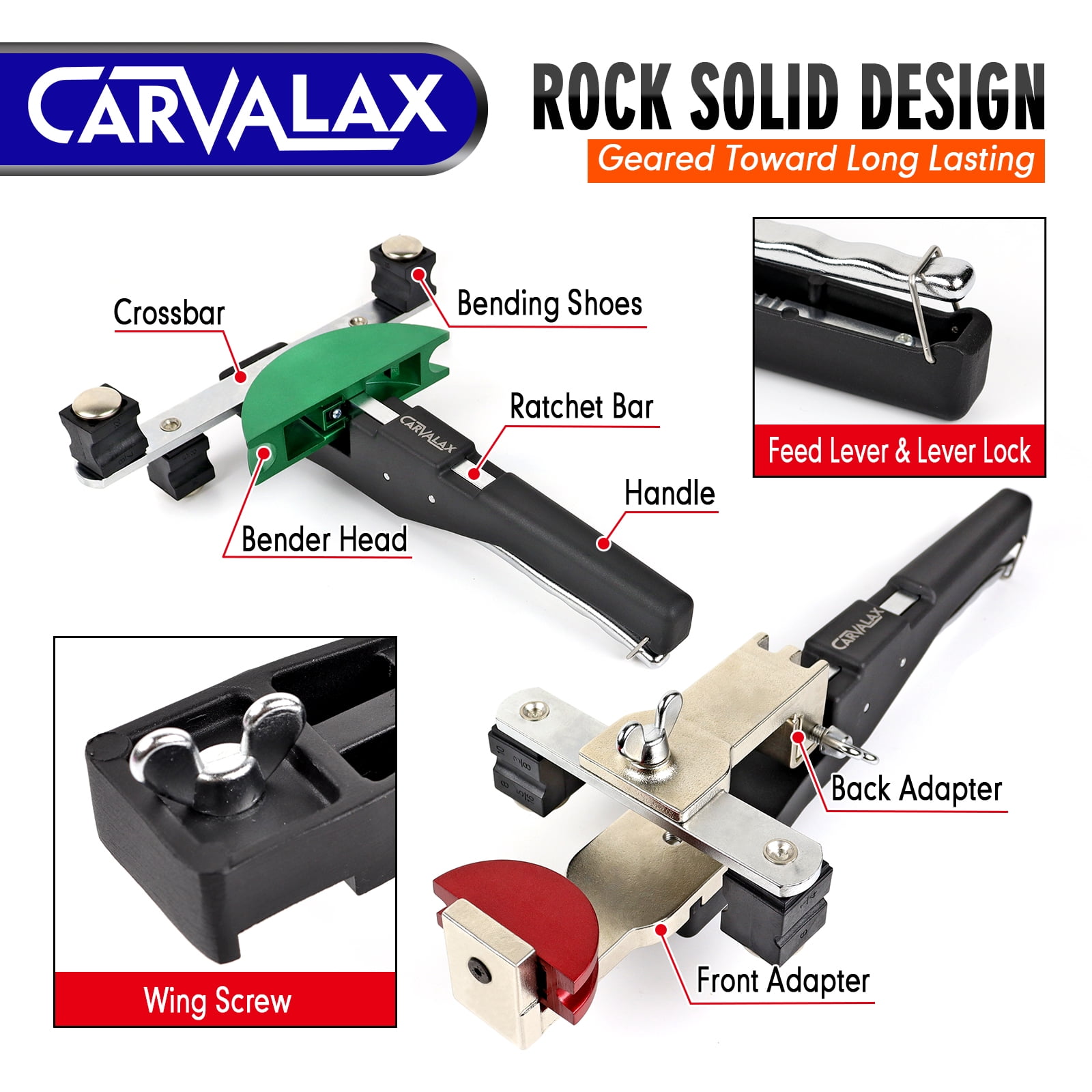 CARVALAX Pipe Tube Bender Set, for 1/4” to 7/8” O.D, 90° Ratcheting Tubing Bender Kit with Reverse Bending Adapters and 7 Multi-Color Aluminum Heads, for HVAC Air Condition Hydraulic Work