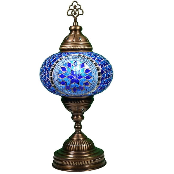 KusKuus Handmade Turkish Lamp, Decorative Moroccan Lamp, Mosaic Boho Bedside Night Lamp, Vintage Mosaic Table Lamp Stained Glass Globe and Brass Colored Base with 8W LED Bulb and US Plug BSC6
