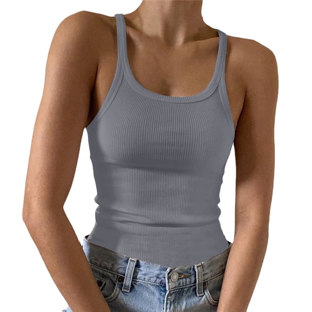 Ketyyh-chn99 Hauts pour Femmes Y2k Hauts Courts T-Shirts à Col Rond Été Sans Manches Coupe Ample Tunique Haut Basique Gris,P