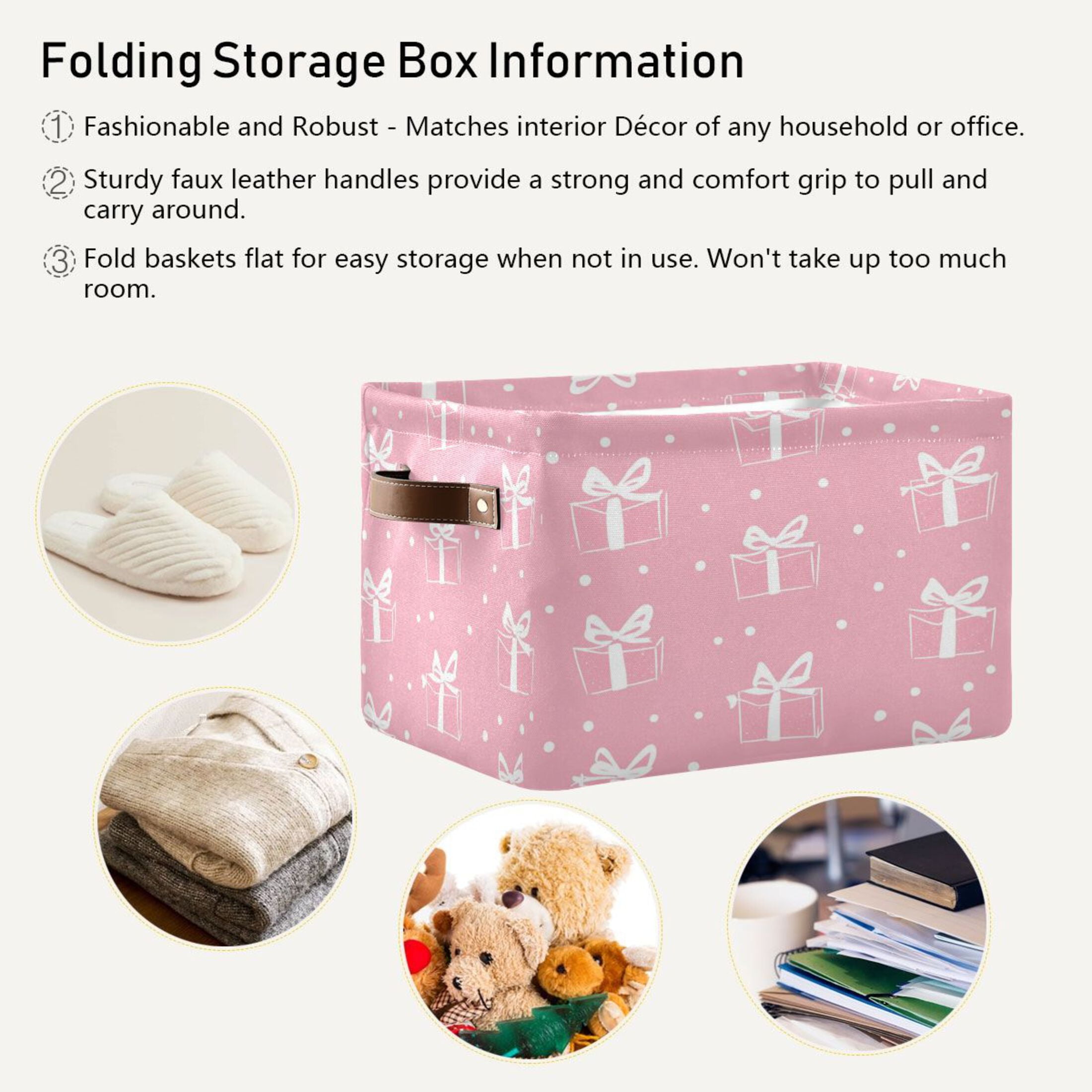 Pink Gift Pattern Foldable Storage Basket,Canvas Fabric Foldable Storage Bins with Handles Open Home Storage Bins Boxes for Toy Book Shelf Closet Baskets