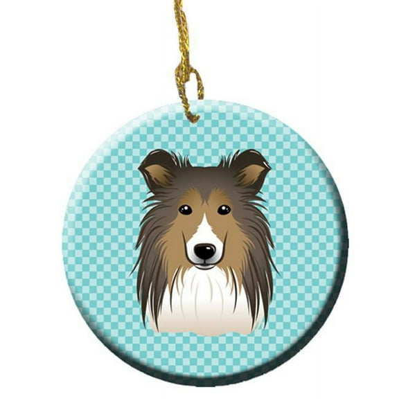 Checkerboard Blue Sheltie Ceramic Ornament, 2.81 In.