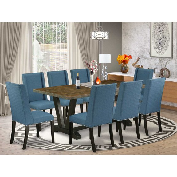 East West Furniture V677FL121-9 9-Piece Amazing Dining Table Set an Excellent Distressed Jacobean Kitchen Rectangular Table Top and 8 Awesome Linen Fabric Parson Chairs with Nail Heads and Stylish...