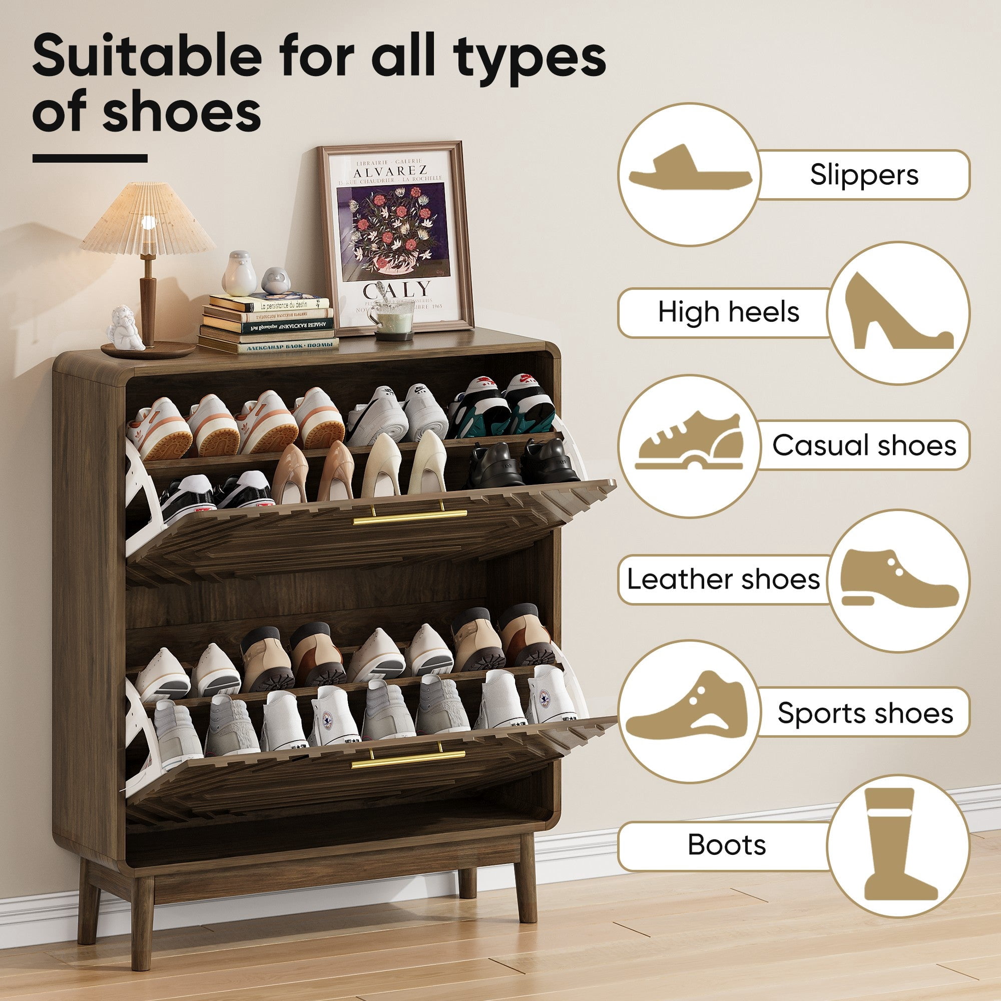 Sailvan 31.5" Walnut Shoe Cabinet, Mid-Century Modern Freestanding Organizer with 2 Flip-Top Drawers