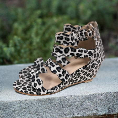 

Aayomet Flat Sandals for Women Leather Platform Zip Fashion Print Ladies Back Sandals Leopard Wedge Women s sandals Brown 9.5