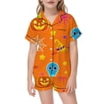 thumbnail image 5 of CAIVO Girls Halloween Print Pajama Sets Lapel Short Sleeve Button Down Shirt With Shorts 2 Piece Kids Nightwear Loungewear, 5 of 5