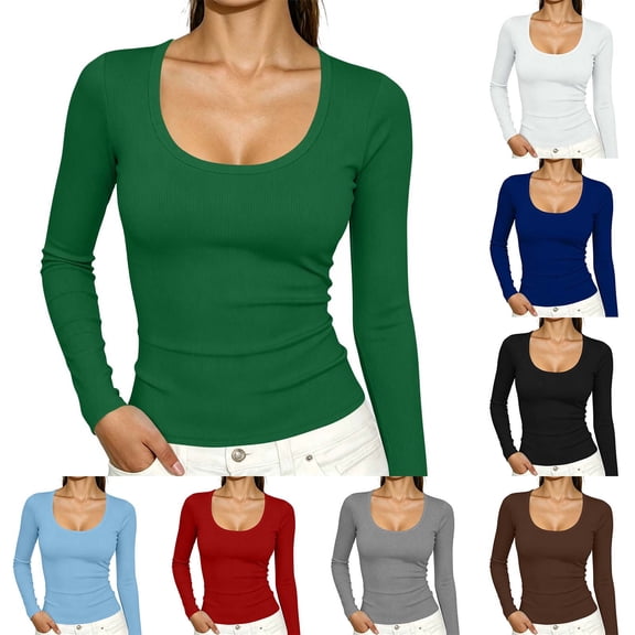 yillto Womens Scoop Neck Shirts Ribbed Long Sleeve Tight Tops Basic Stretchy Layered Undershirts