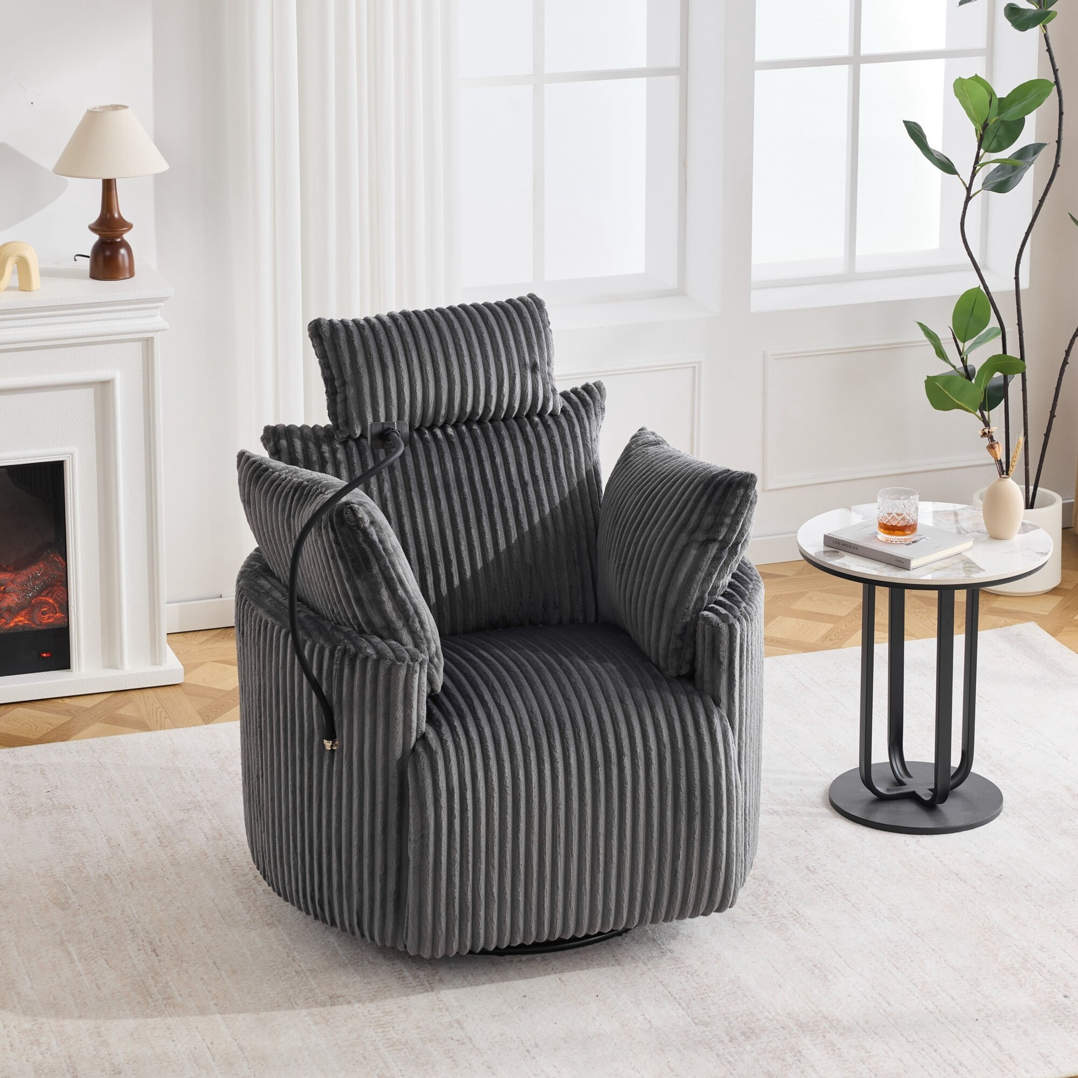 Noble House Sigrid 360° Swivel Rocking Recliner Chair, Electric Power Adjustable Corduroy Armchair with USB, Gray