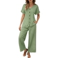thumbnail image 3 of Zynoxe 2 Piece Sets for Women Going Out Trendy V Neck Button Down Top Elastic Waist Lace Pants Suit Soft Breathable Cotton Linen Womens Lounge Set Casual Loose Solid Color Summer Outfits 2XL, 3 of 10