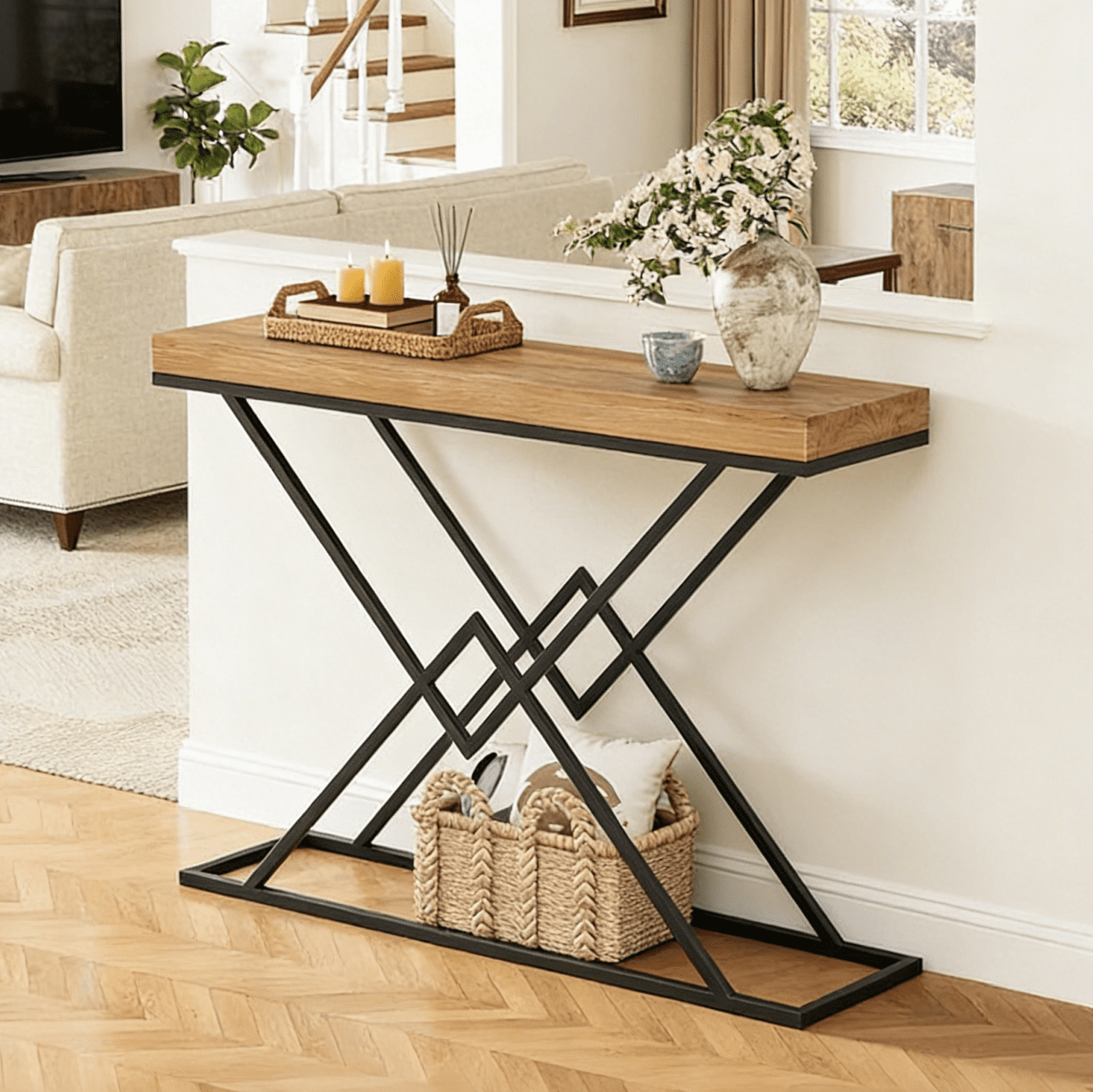 Finmind Solid Wood Console Table, 43.2 inch Modern Industrial Entryway Table with Stylish Geometric Metal Base for Living Room,  Brown& Black