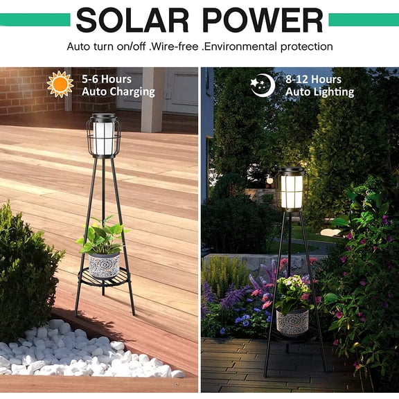 2 Pack Solar Lights with Plant Stand, Outdoor Floor Lamps, Waterproof Solar Powered Floor Lamps for Deck Porch Yard Garden Decor