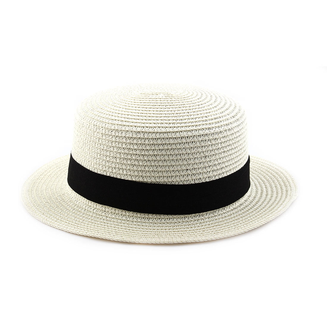 Woman Ribbon Decor Wide Brim Braided Summer Travel Beach Straw Cap Sun Hat Off White