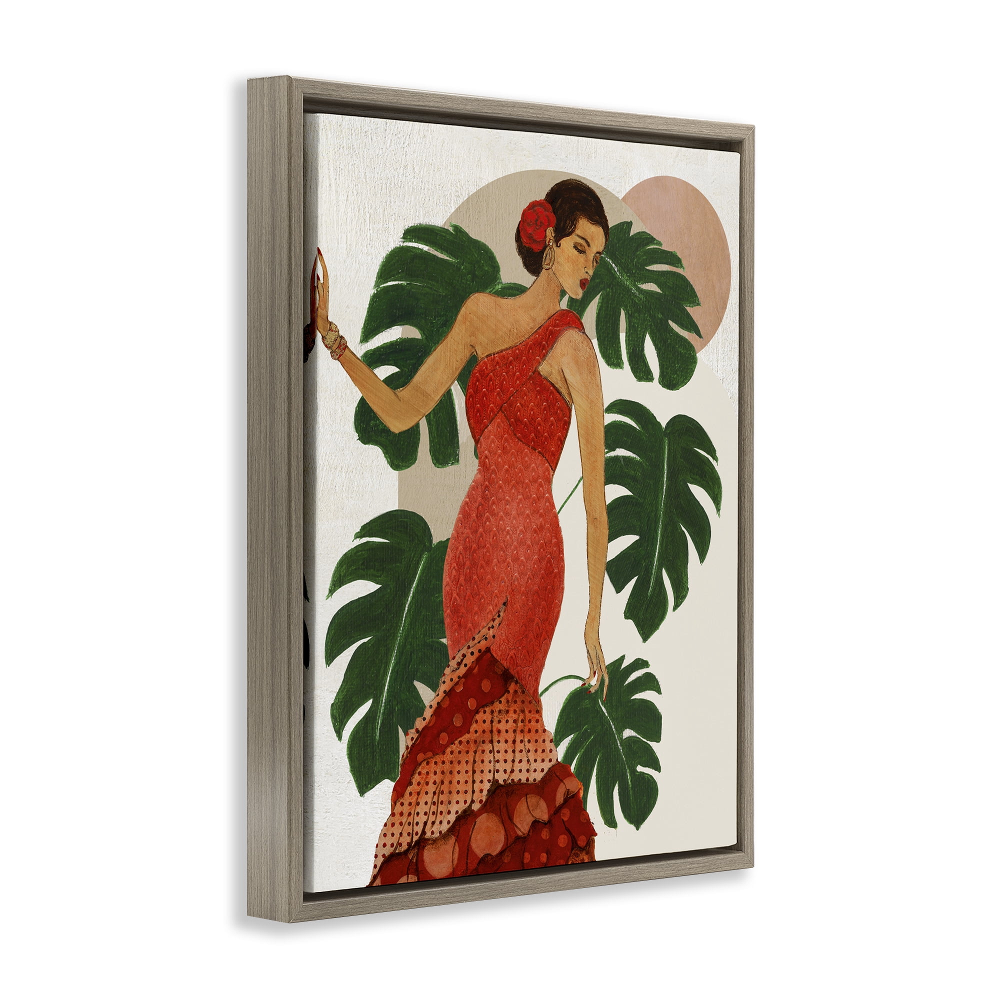 Stupell Industries Fashionable Woman with Leaves People Painting Brown Floater Framed Canvas Art Print Wall Art, 17 x 21