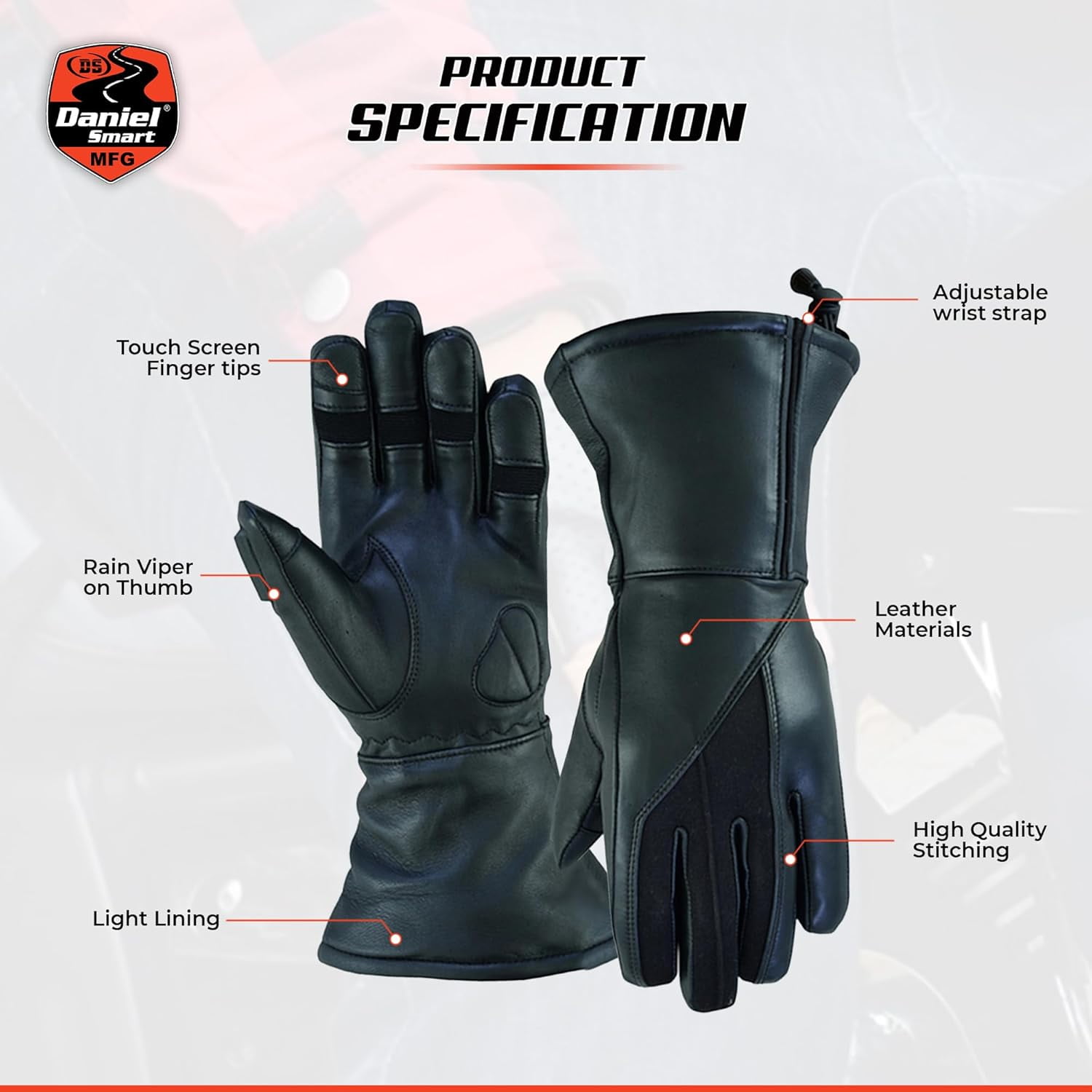 Daniel Smart Motorcycle Leather Winter Gloves Close Out Cow Hide Heavy Duty with Adjustable Wrist Strap and Touch Screen Fingertips- M