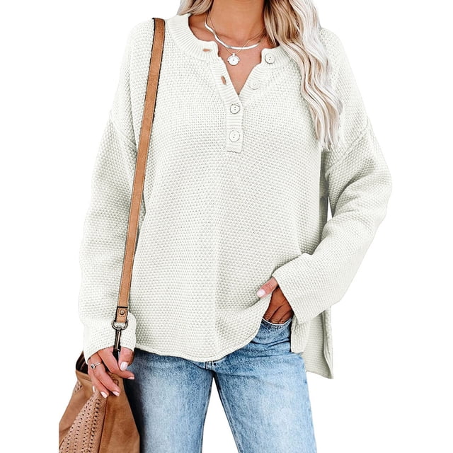 Prendas de punto Suéter de punto casual de color puro con botones y cuello redondo de manga larga para mujer Beige XL