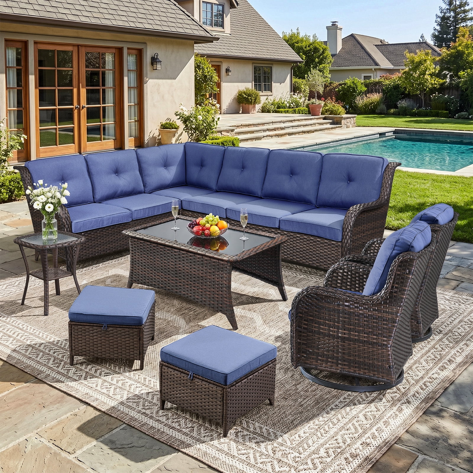 Bellefurn 7 Piece Outdoor Wicker Patio Furniture Set with Swivel Rocking Chairs,Outdoor Sectional Sofa Set L-Shaped Sectional Sofa with Ottomans,Rattan Conversation Set for Backyard Porch Garden