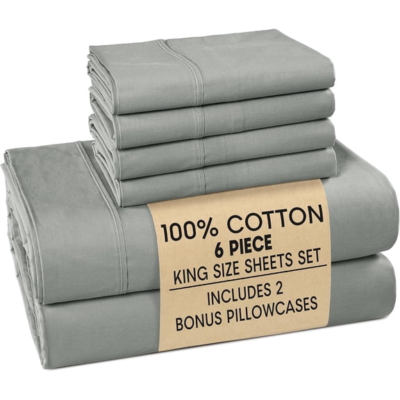 King Size 100% Cotton Bed Sheet Set with 4 Pillowcases Grey Percale Fabric 15 Inch Deep Pocket Fitted Sheet