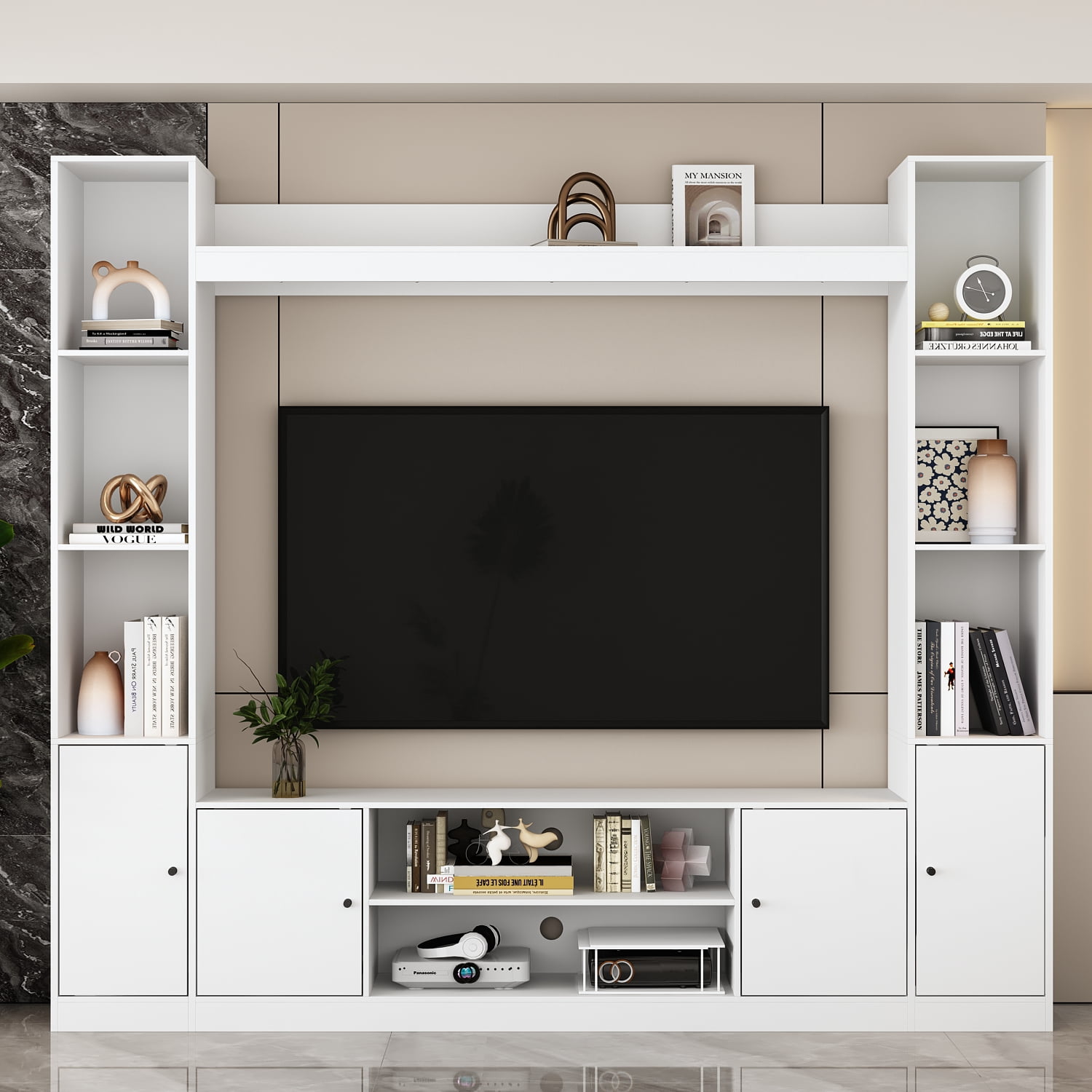 KULAGAGA Entertainment Center with Bookshelves Modern Media Center with Open Shelves & Bridge TV Wall Unit with Doors, for Living Room,White