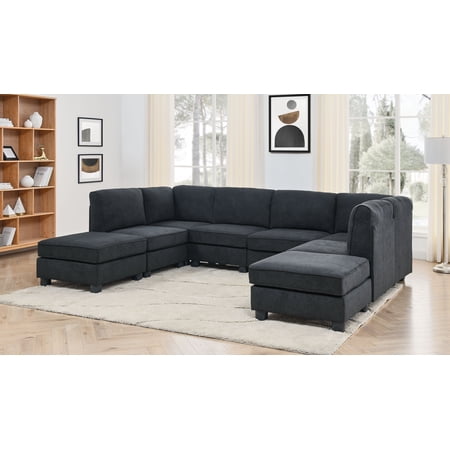 Modular Sectional Sofa, 8 Seat Polyester Upholstered Couch with Removable Seat and Back Cushions, Custom Configuration Living Room Furniture with Plastic Legs, Black Finish
